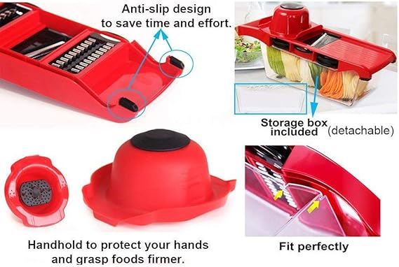 10 in 1 Mandolin Slicer Vegetable Cutter with Stainless Steel Blade Manual Potato Peeler Carrot Cheese Grater Nicer Kitchen Tool - Mandolin Vegetable Cutter - Red Color