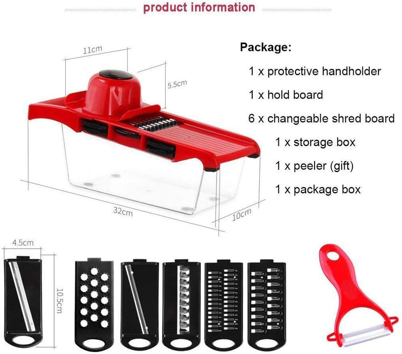10 in 1 Mandolin Slicer Vegetable Cutter with Stainless Steel Blade Manual Potato Peeler Carrot Cheese Grater Nicer Kitchen Tool - Mandolin Vegetable Cutter - Red Color