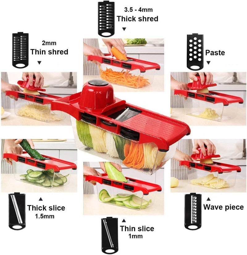 10 in 1 Mandolin Slicer Vegetable Cutter with Stainless Steel Blade Manual Potato Peeler Carrot Cheese Grater Nicer Kitchen Tool - Mandolin Vegetable Cutter - Red Color