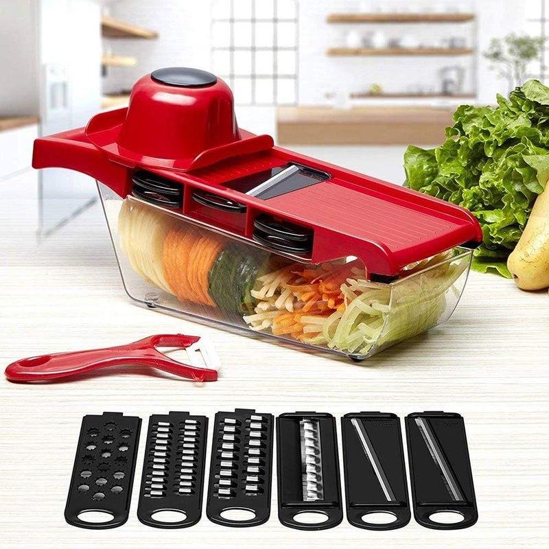 10 in 1 Mandolin Slicer Vegetable Cutter with Stainless Steel Blade Manual Potato Peeler Carrot Cheese Grater Nicer Kitchen Tool - Mandolin Vegetable Cutter - Red Color