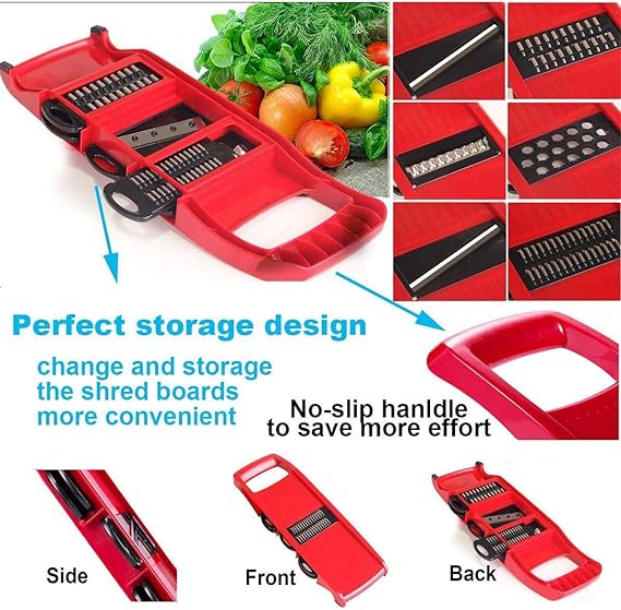 10 in 1 Mandolin Slicer Vegetable Cutter with Stainless Steel Blade Manual Potato Peeler Carrot Cheese Grater Nicer Kitchen Tool - Mandolin Vegetable Cutter - Red Color