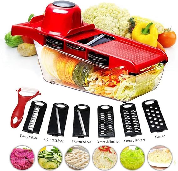 10 in 1 Mandolin Slicer Vegetable Cutter with Stainless Steel Blade Manual Potato Peeler Carrot Cheese Grater Nicer Kitchen Tool - Mandolin Vegetable Cutter - Red Color