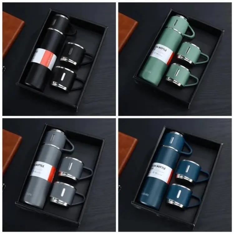 Steel Vacuum Flask Set with 3 Stainless Steel Cups Combo - 500ml - Keeps HOT/Cold | Ideal Gift for Winter
