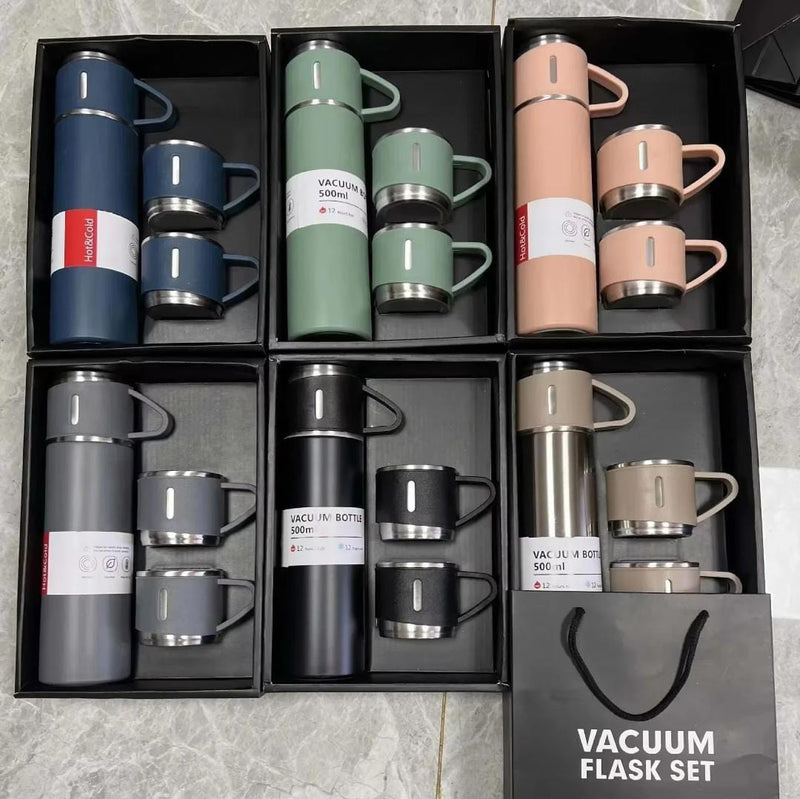 Steel Vacuum Flask Set with 3 Stainless Steel Cups Combo - 500ml - Keeps HOT/Cold | Ideal Gift for Winter